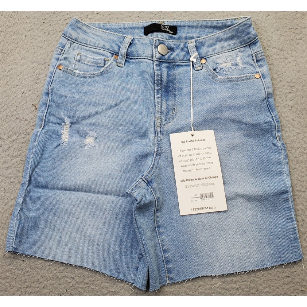 1822 Denim Mid Thigh Shorts Women 0/25 Blue Distressed Raw Hem High Rise Stretch